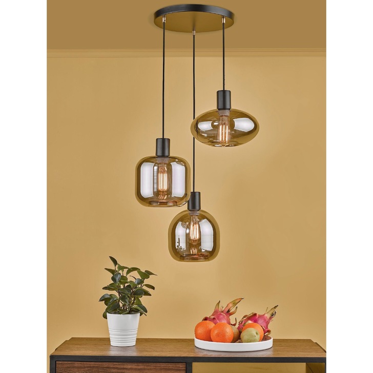 Dar Aiden 3 Light Cluster Pendant Satin Black With Assorted Smoked Glass Shades