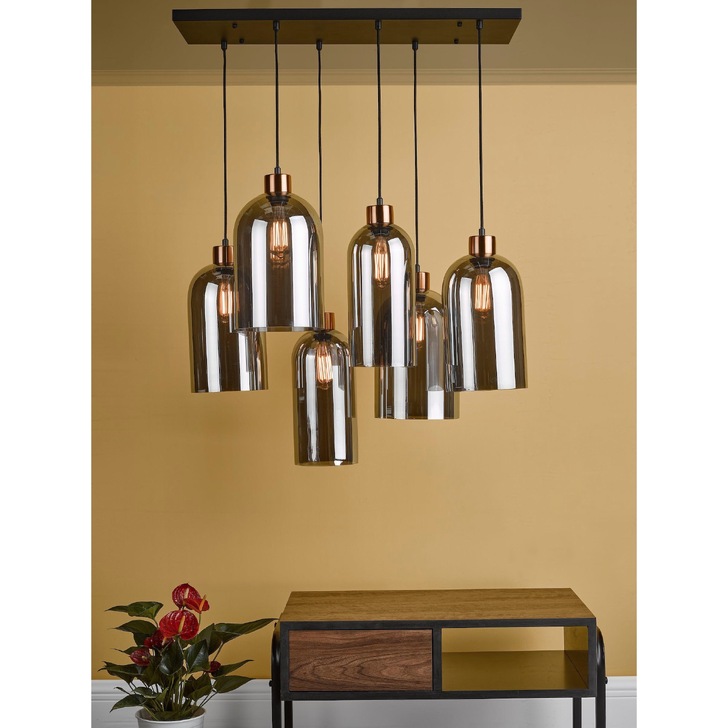 Dar Alma Bronze And Smoke Glass 6 Light Bar Pendant