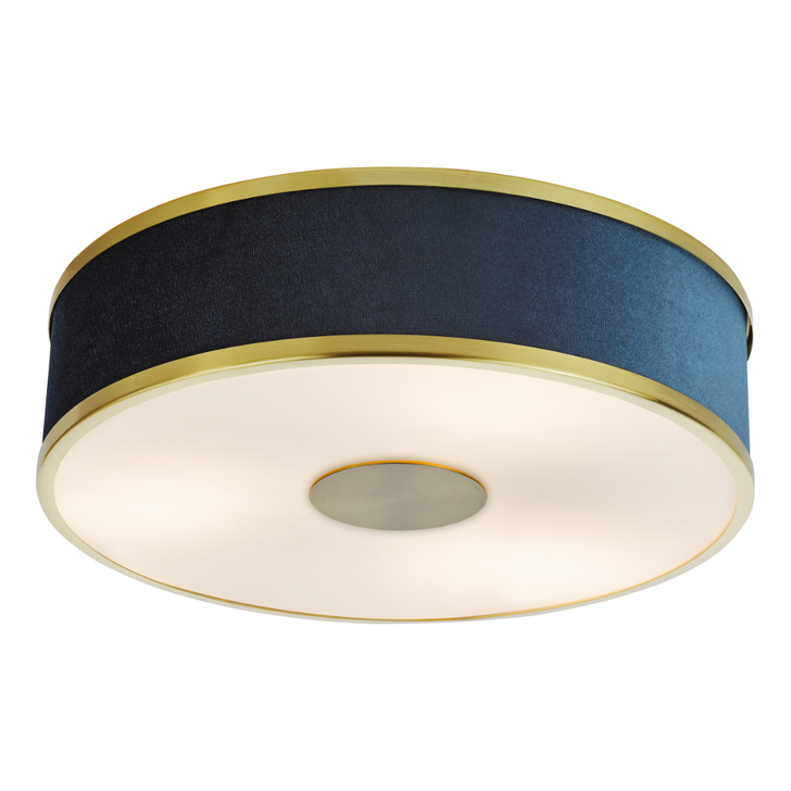 Dar Alvaro Brushed Brass 3 Light Flush Blue Velvet Fabric Ceiling Light