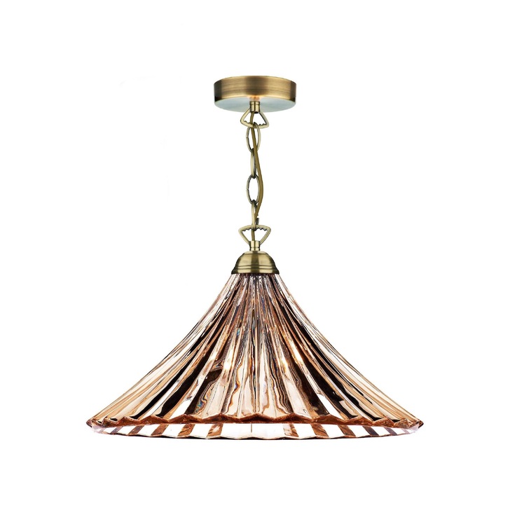 Dar Ardeche ARD866 Antique Brass Finish Single Pendant With Amber Fluted Glass