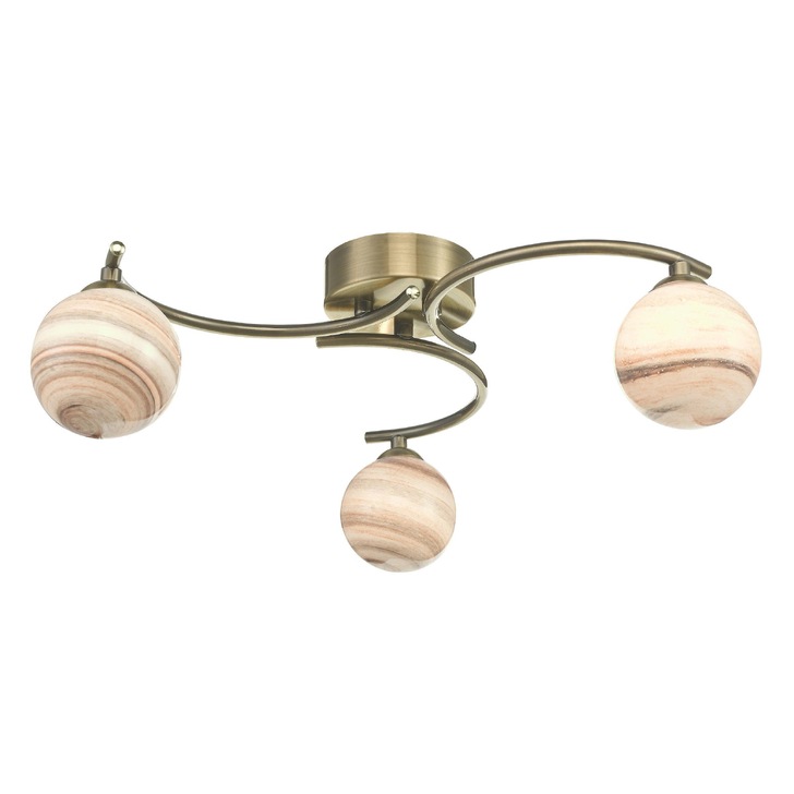 Dar Atiya 3 Light Antique Brass Flush Ceiling Light Complete With Planet Style Glasses