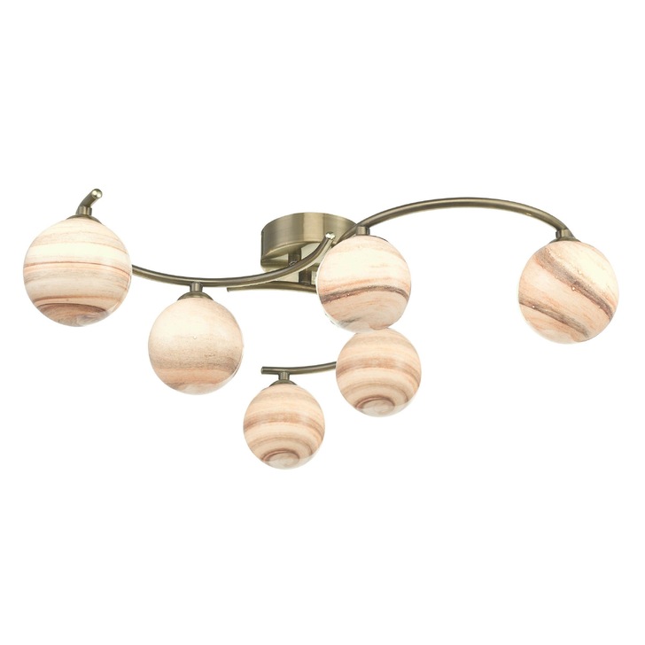 Dar Atiya 6 Light Antique Brass Flush Ceiling Light Complete With Planet Style Glasses