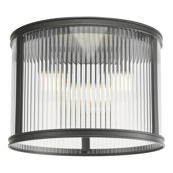 Dar Bianka 3 Light Flush Matt Black and Ribbed Glass