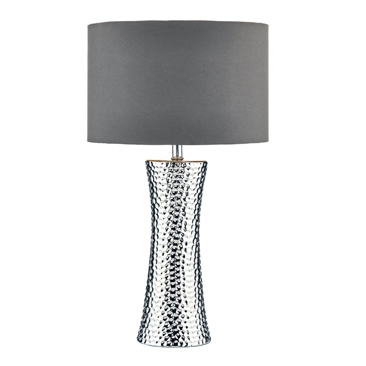 Dar Bokara BOK4232-X Hammered Polished Silver Finish Table Lamp Complete With Grey Faux Silk Shade