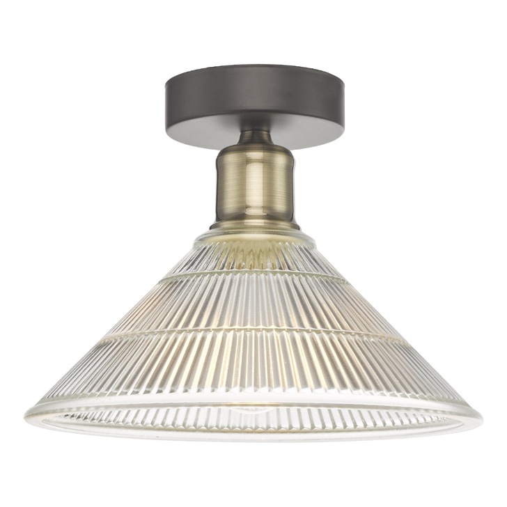 Dar Boyd Flush Ceiling Light In Antique Brass Complete With Clear Ribbed Glass Shade