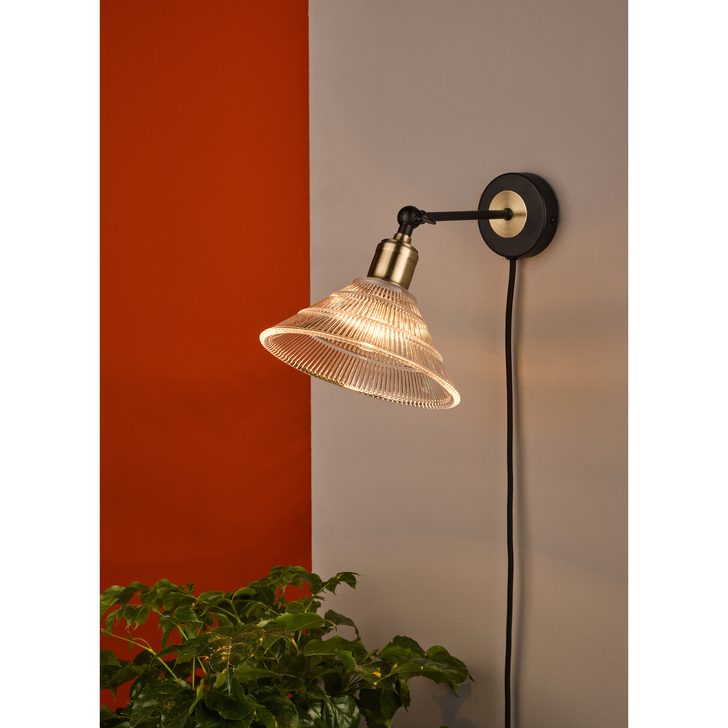 Dar Boyd Plug In Wall Light In Antique Brass & Matt Black Complete With Ribbed Glass Shade