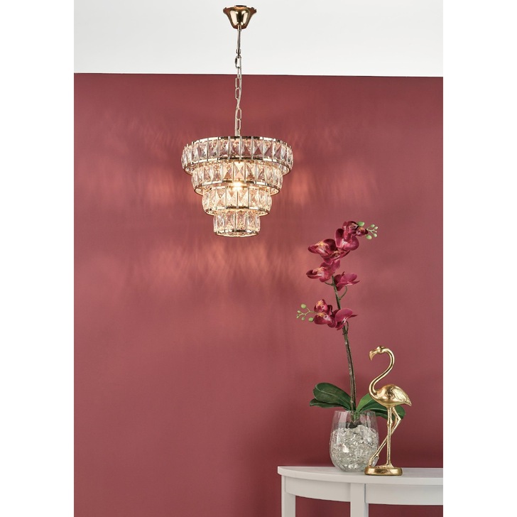 Dar Cerys CER0135 1 Light 4 Tier Pendant In Polished Gold & Crystal Finish