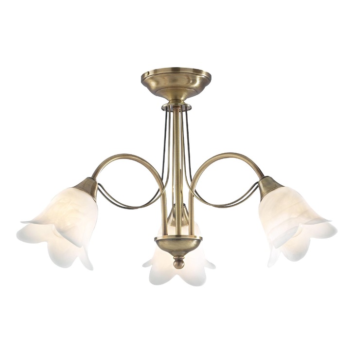 Dar Doublet DOU0375 Antique Brass Finish 3 Light Semi Flush Ceiling Light With Alabaster Glass Shades