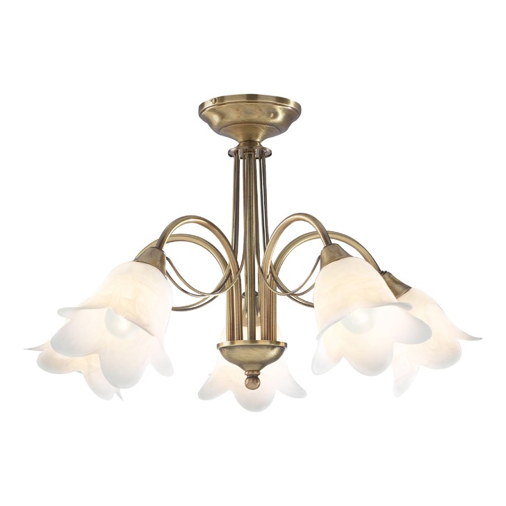 Dar Doublet DOU0575 Antique Brass Finish 5 Light Semi Flush Ceiling Light With Alabaster Glass Shades