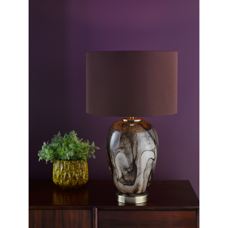 Dar Egas Brown Marble Effect Glass Table Lamp With Brown Drum Shade