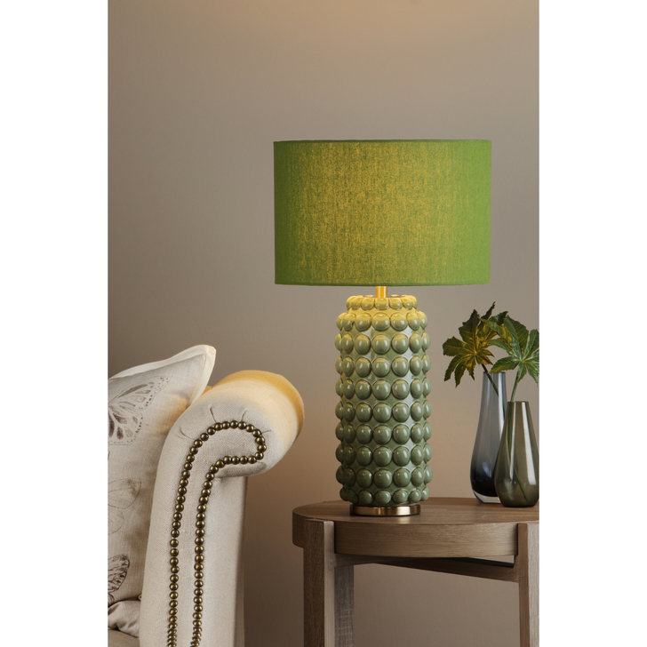 Dar Etzel Antique Brass & Green Bobble Table Lamp With Olive Green Linen Shade