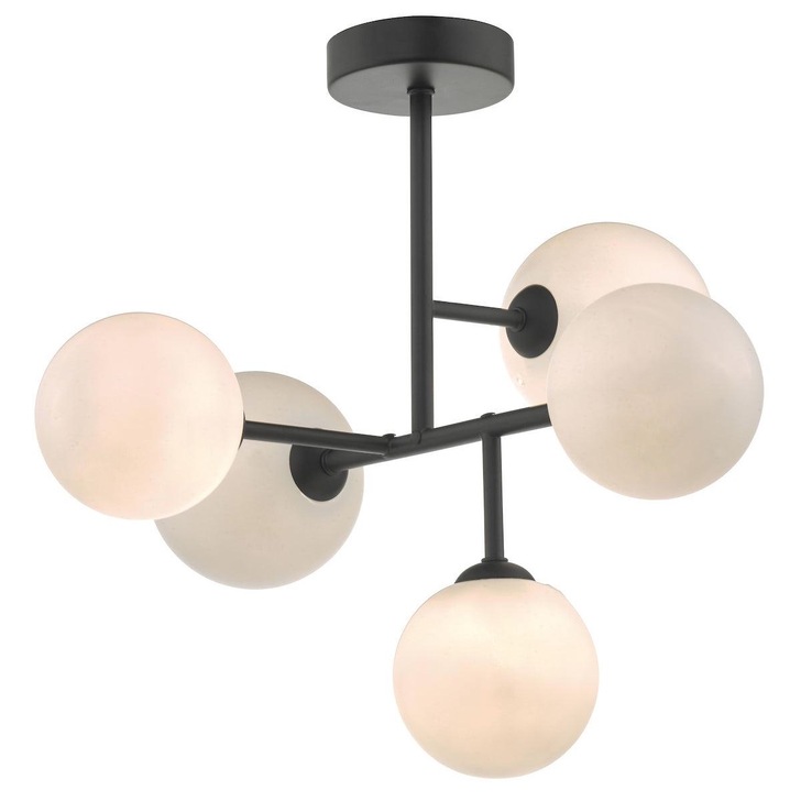 Dar Euan EUA5422 5 Light Semi Flush Ceiling Light In Matt Black Finish With Opal Glass Shades