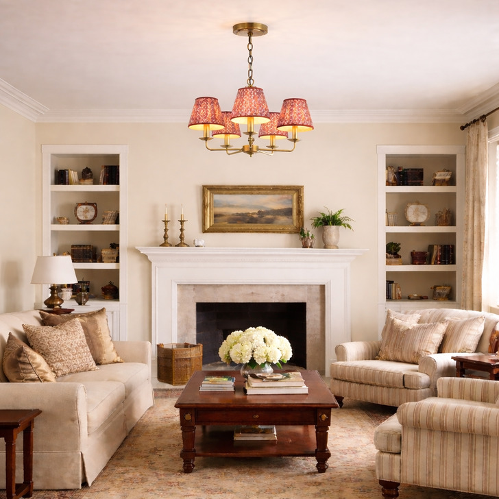 Dar Favian Matt Bronze 5 Arm Chandelier Light Complete with Red Patterned Shades