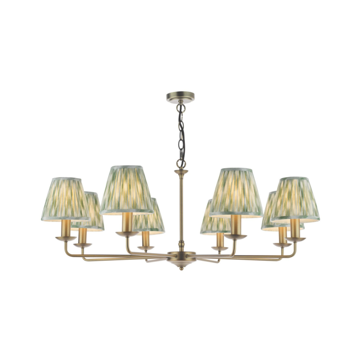 Dar Favian Matt Bronze Large 8 Arm Chandelier Light Complete with Green Patterned Ikat Shades