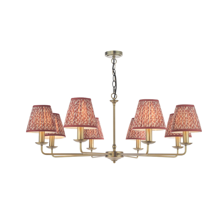 Dar Favian Matt Bronze Large 8 Arm Chandelier Light Complete with Red Patterned Shades