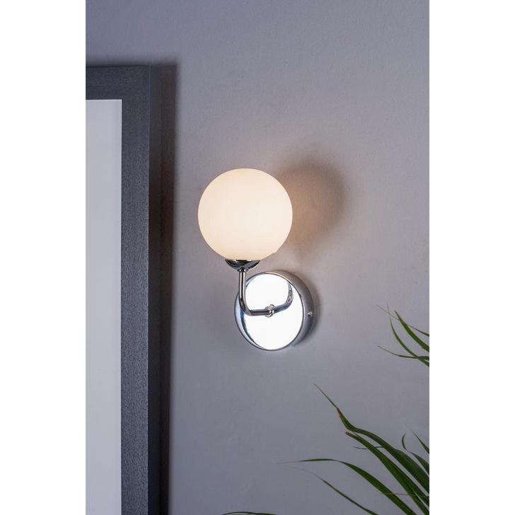 Dar Feya 1 Light Wall Light In Polished Chrome Complete With Opal Glass