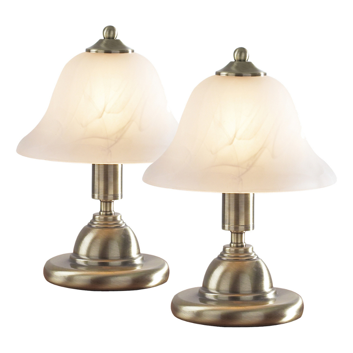 Dar Gloucester Twin Pack Of Antique Brass Touch Table Lamps Complete With Alabaster Glass Shades - Switched
