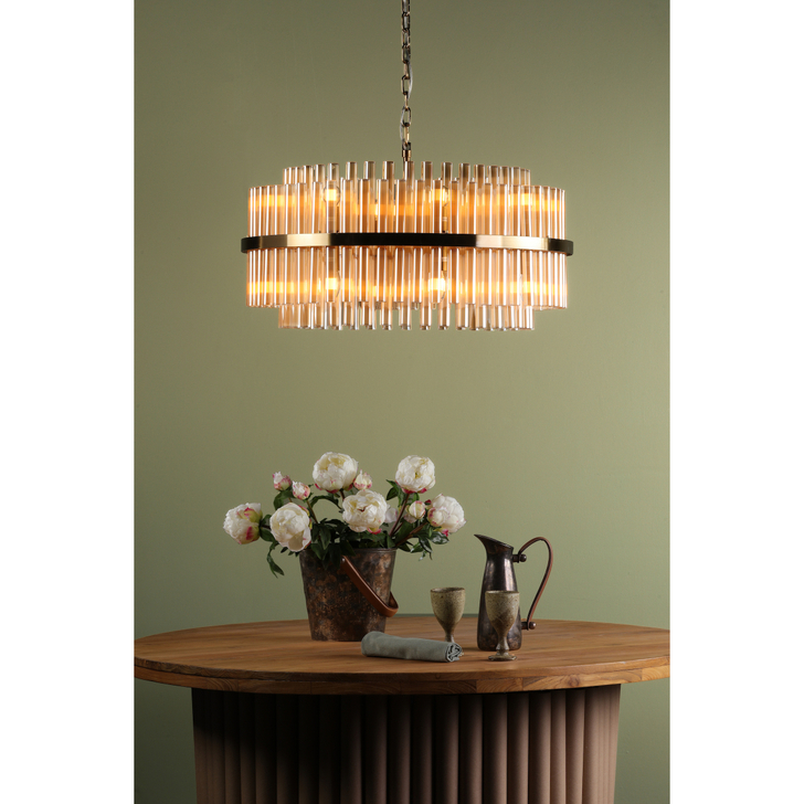 Dar Imani 16 Light Pendant Natural Brass and Champagne Ribbed Glass