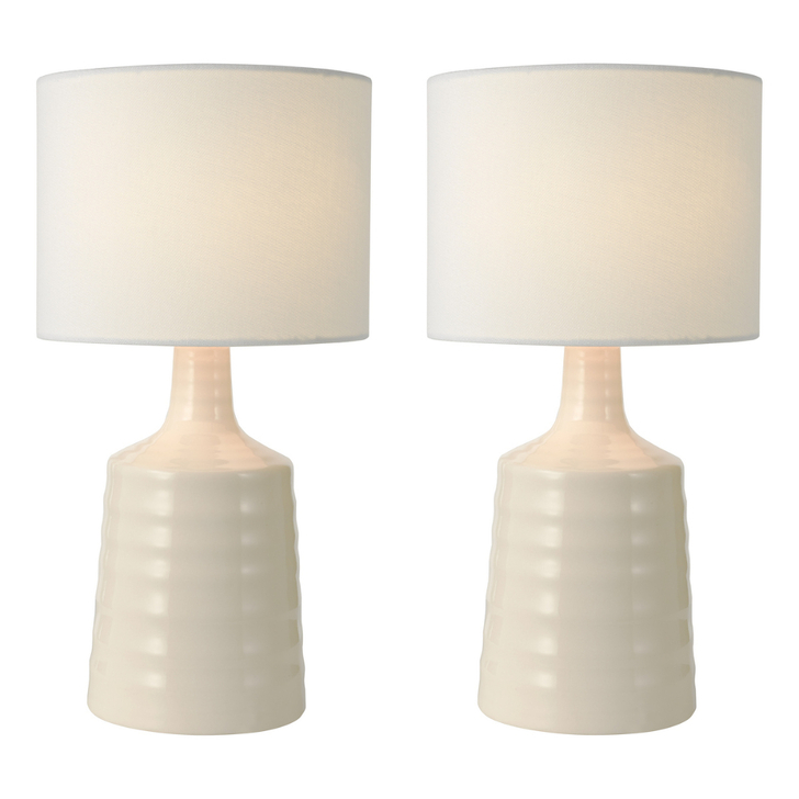 Dar Inci Cream Twin Pack Of Ceramic Table Lamps Complete With White Linen Shades - Switched
