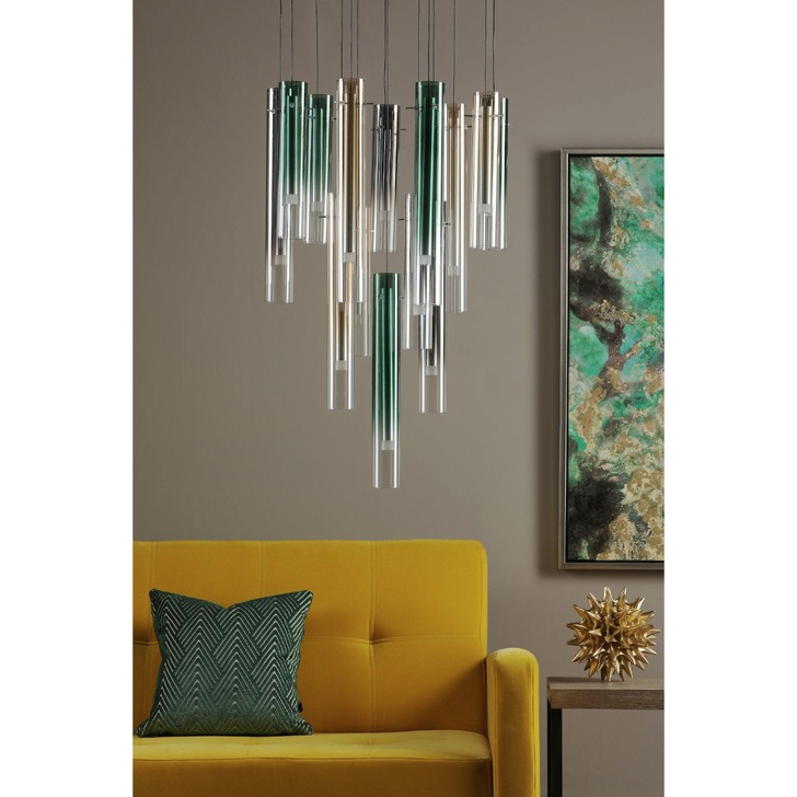 Dar Isadora Polished Chrome 14 Light Cluster Pendant Complete With Green, Champage And Smoked Ombre Glass Shades