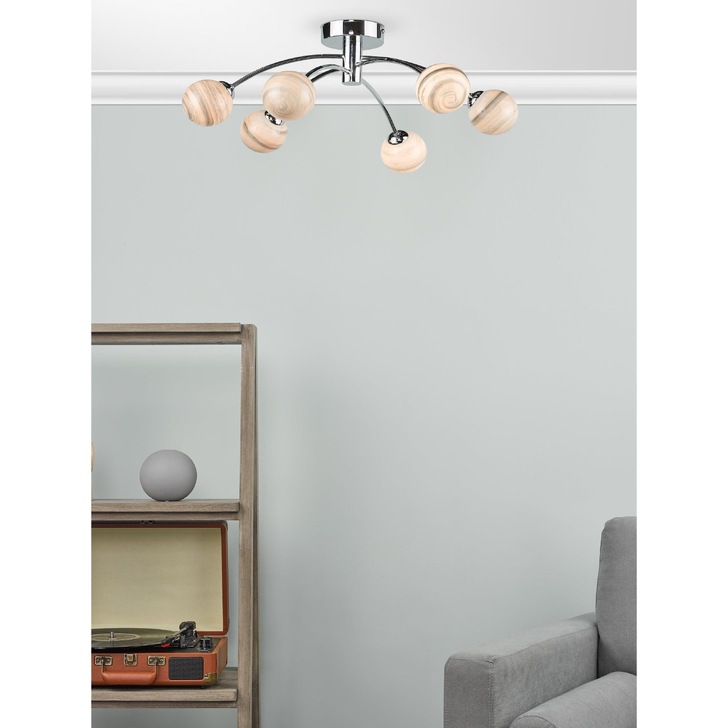 Dar Izzy 6 Light Semi-Flush Ceiling Light In Polished Chrome Complete With Swirl Glass