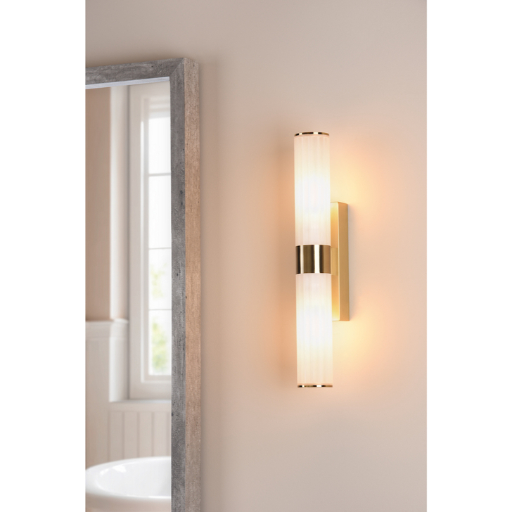 Dar Lars 2 Light Bathroom Wall Light In Brushed Gold With White Frosted Acrylic Shades -  IP44
