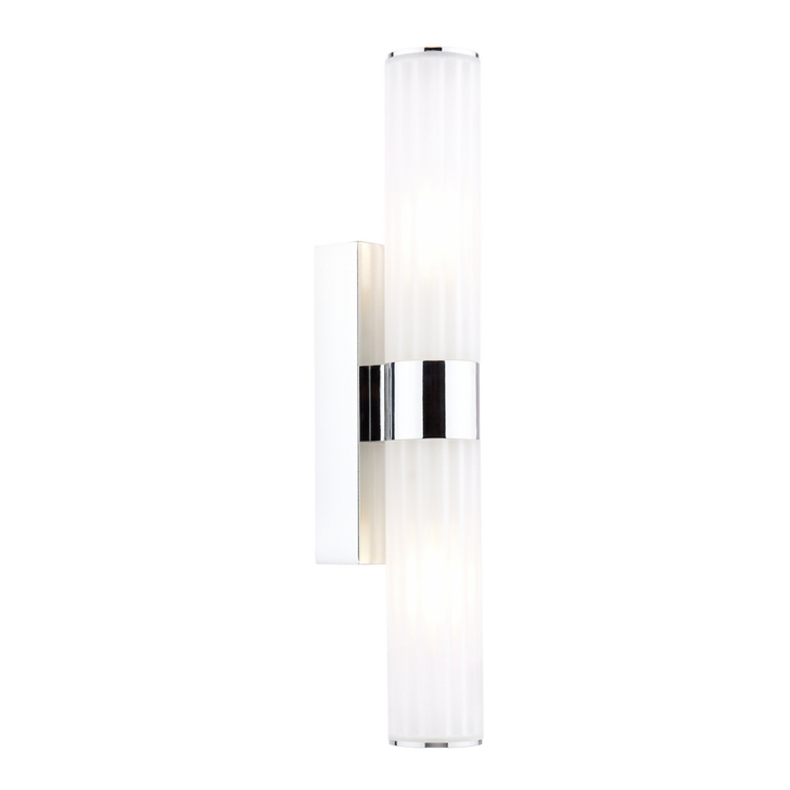 Dar Lars 2 Light Bathroom Wall Light In Polished Chrome With White Frosted Acrylic Shades -  IP44