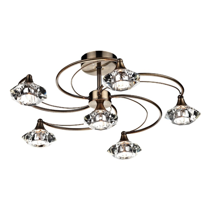 Dar Luther LUT0675 Antique Brass 6 Light Semi Flush Ceiling Light