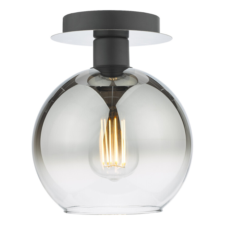 Dar Lycia Black And Chrome Finish 1 Light Flush Ceiling Light Complete With Smoke To Clear Ombre Glass Globe
