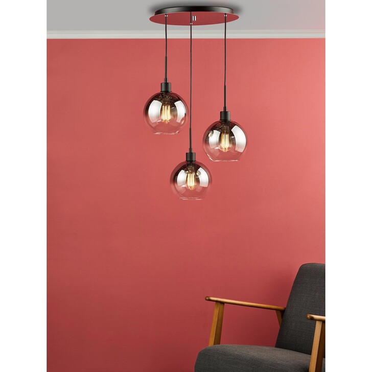 Dar Lycia Black And Chrome Finish 3 Light Cluster Pendant Ceiling Light Complete With Smoke To Clear Ombre Glass Globes