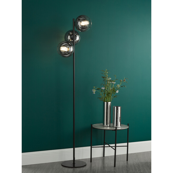 Dar Lycia Black And Chrome Finish 3 Light Floor Lamp Complete With Smoke To Clear Ombre Glass Globes - Switched