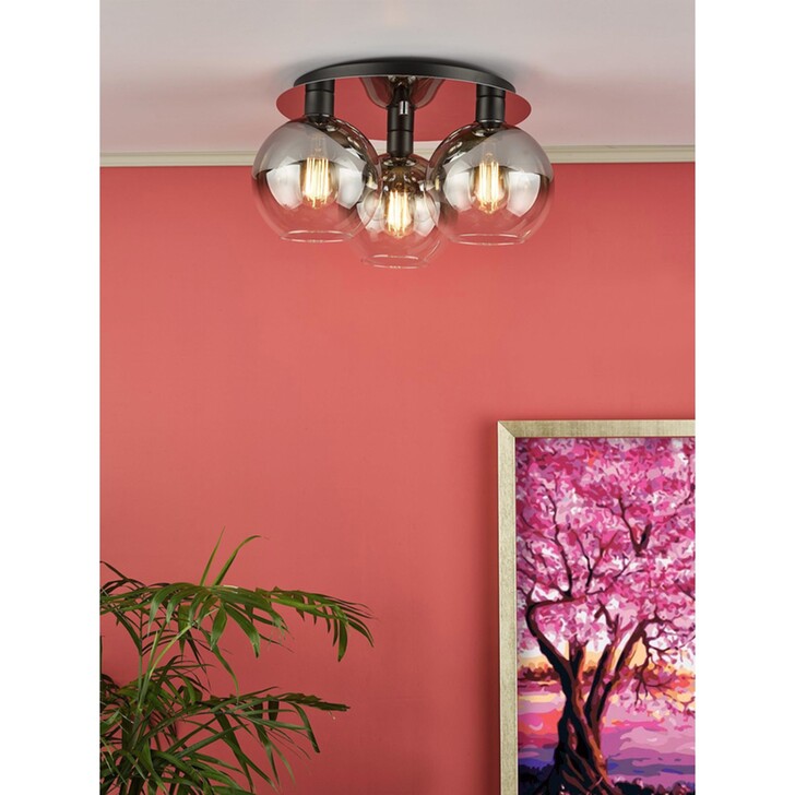 Dar Lycia Black And Chrome Finish 3 Light Flush Ceiling Light Complete With Smoke To Clear Ombre Glass Globes
