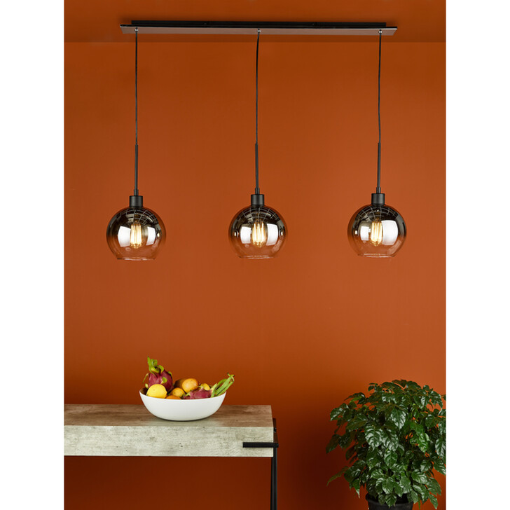 Dar Lycia Black And Chrome Finish 3 Light Linear Island Pendant Ceiling Light Complete With Smoke To Clear Ombre Glass Globes