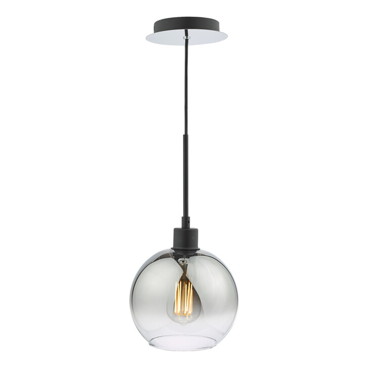 Dar Lycia Black And Chrome Finish Single Pendant Ceiling Light Complete With Smoke To Clear Ombre Glass Globe