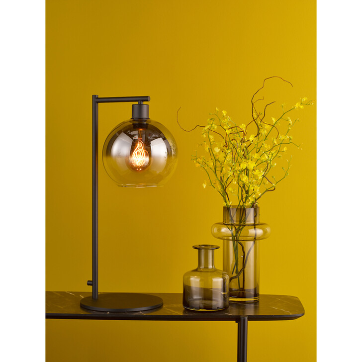 Dar Lycia Black And Chrome Finish Table Lamp Complete With Smoke To Clear Ombre Glass Globe - Switched
