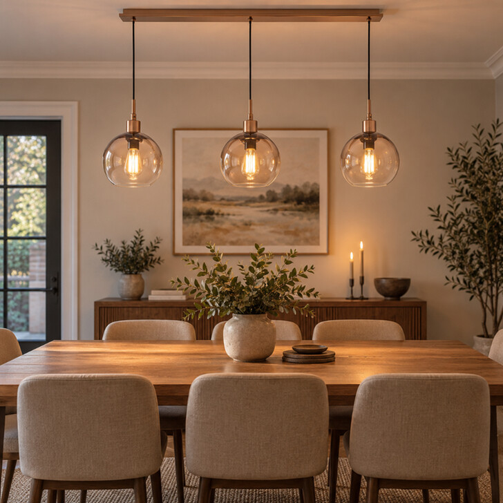 Dar Lycia Satin Bronze Finish 3 Light Linear Bar Pendant Light Complete With Bronze To Clear Ombre Glass Shades