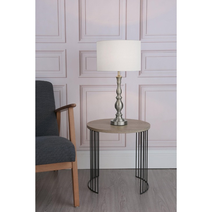 Dar Madrid MAD4246 Satin Chrome Finish Table Lamp Complete With White Faux Silk Shade