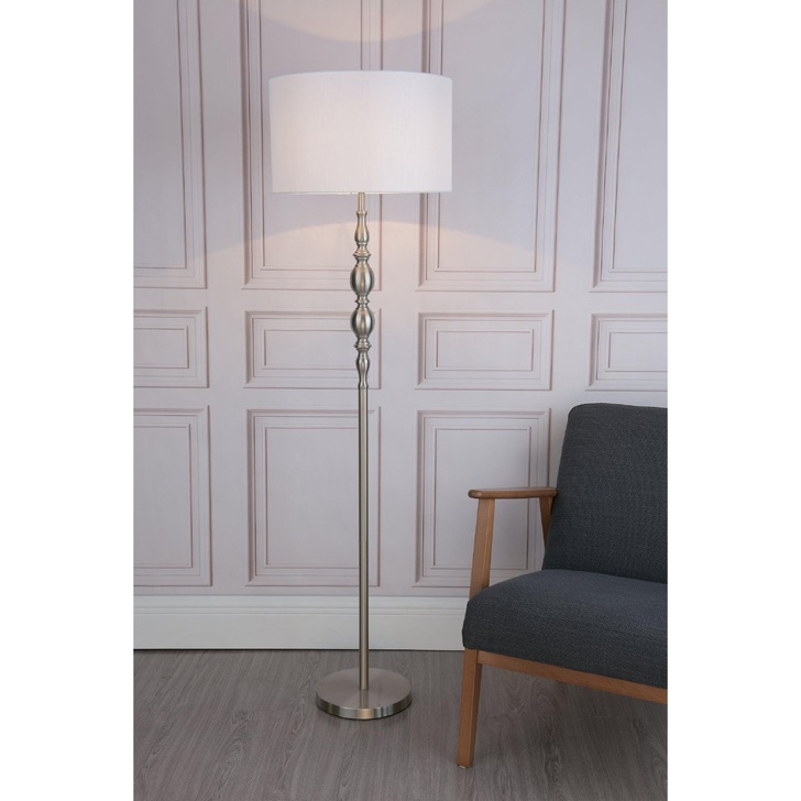 Dar Madrid MAD4946 Satin Chrome Finish Floor Lamp Complete With White Faux Silk Shade