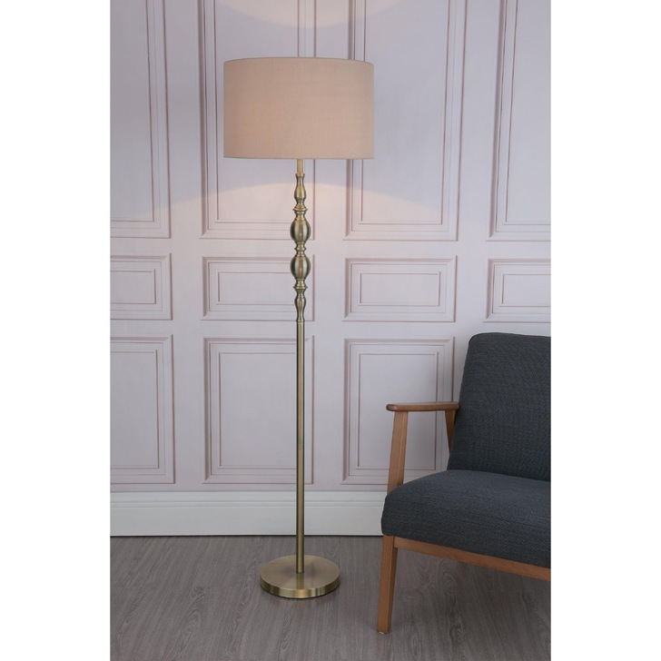 Dar Madrid MAD4975 Antique Brass Finish Floor Lamp Complete With Taupe Faux Silk Shade