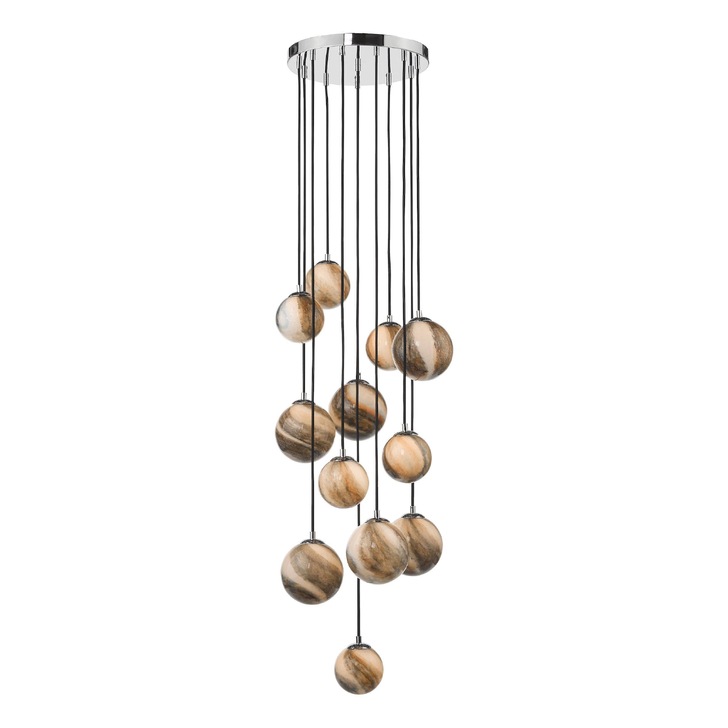 Dar Mikara 12 Light Cluster Pendant In Polished Chrome Complete With Planet Glasses 1.5M