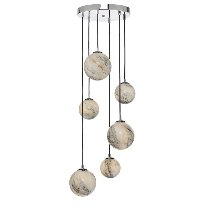 Dar Mikara MIK0650 6 Light Cluster Pendant In Polished Chrome Finish With Marble Effect Glass