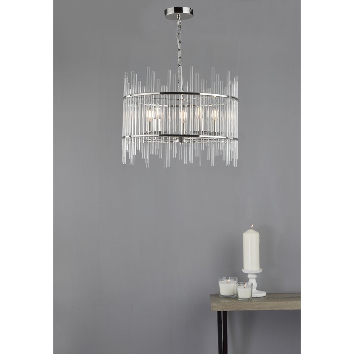 Dar Olyn OLY0538 5 Light Pendant In Polished Nickel Finish With Glass Rods