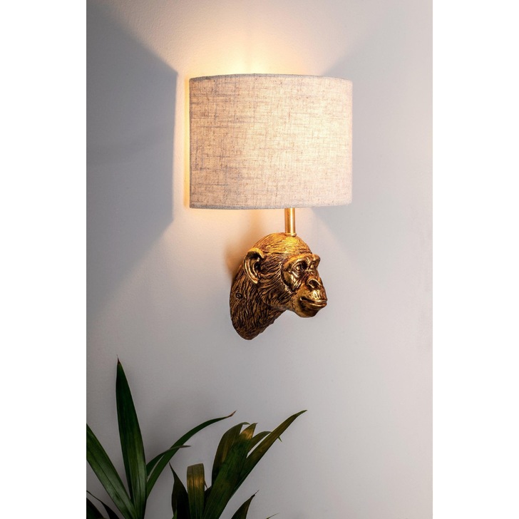 Dar Raul Monkey Wall Light In Gold C/W Natural Linen Shade