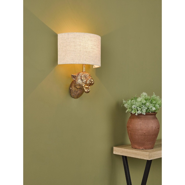 Dar Ruri Leopard Wall Light In Gold C/W Natural Linen Shade