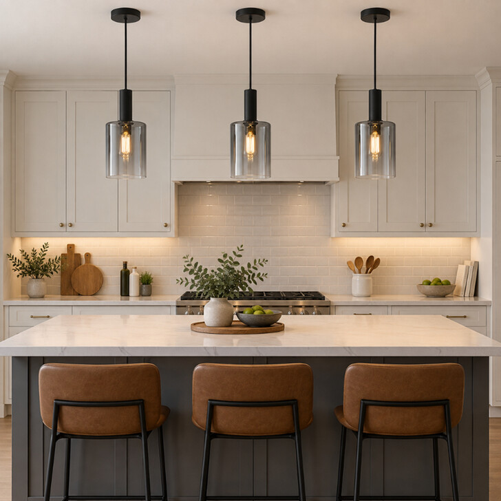 Dar Savannah Black 1 Light Pendant Light Complete With Smoke To Clear Cylinder Glass Shade