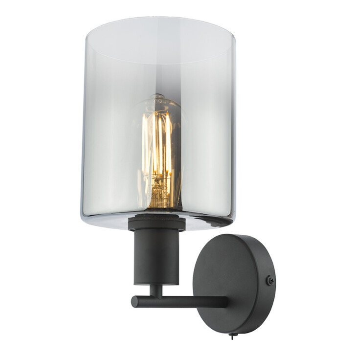 Dar Savannah Black 1 Light Wall Light Complete With Smoke To Clear Cylinder Glass Shade - Switched