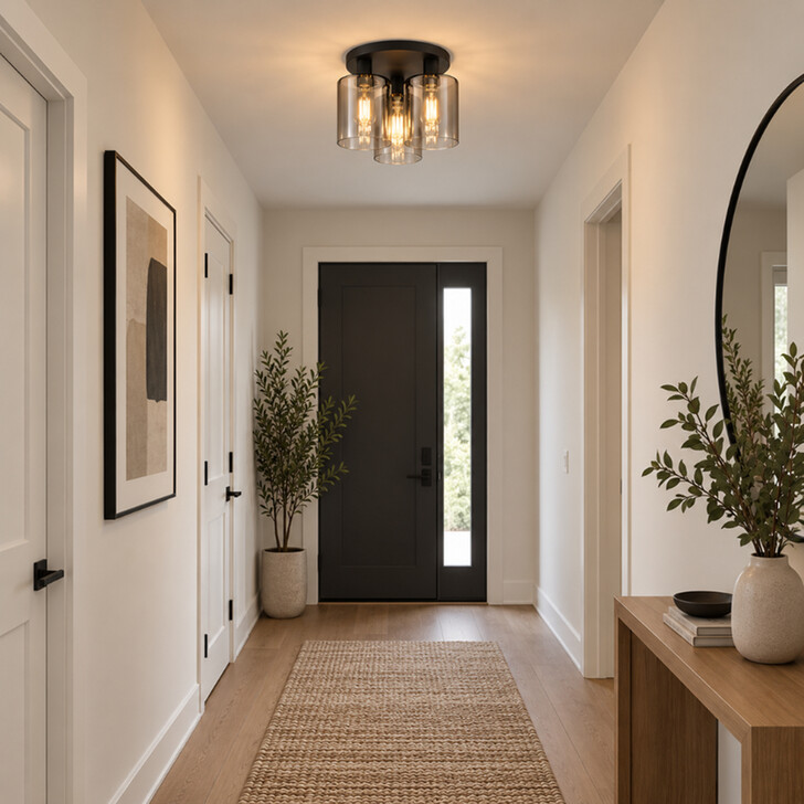 Dar Savannah Black 3 Light Flush Ceiling Light Complete With Smoke To Clear Cylinder Glass Shades