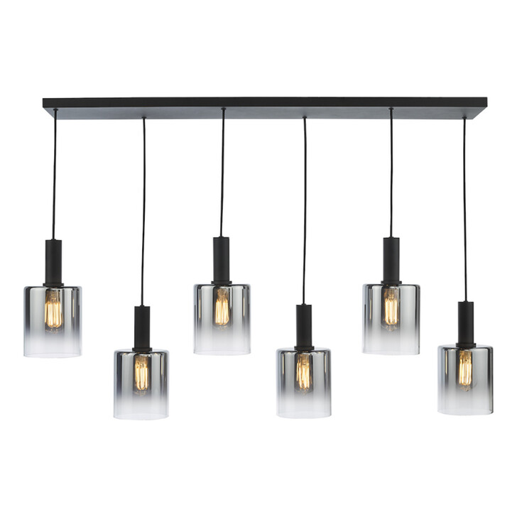 Dar Savannah Black 6 Light Linear Cluster Island Pendant Light Complete With Smoke To Clear Cylinder Glass Shades