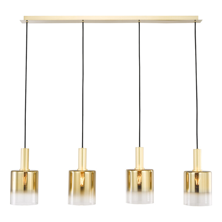 Dar Savannah Gold Finish 4 Light Linear Island Pendant Light Complete With Gold To Clear Cylinder Glass Shades