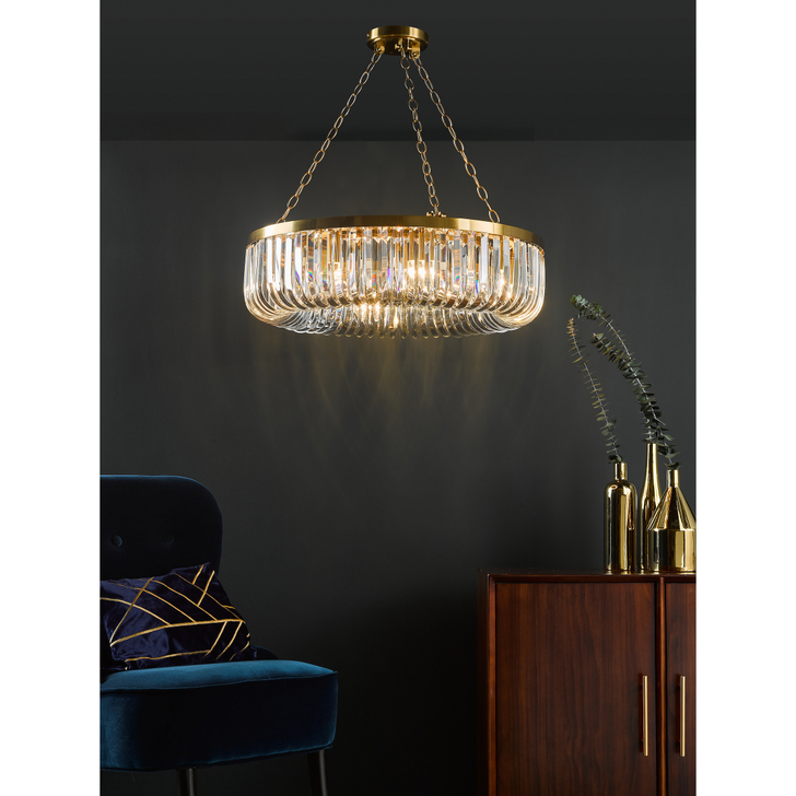 Dar Sigourney 8 Light Pendant Satin Gold and Crystal